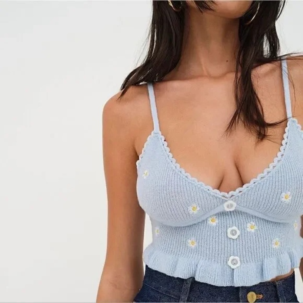For Love And Lemons Baby Blue Daisy Knit Cami